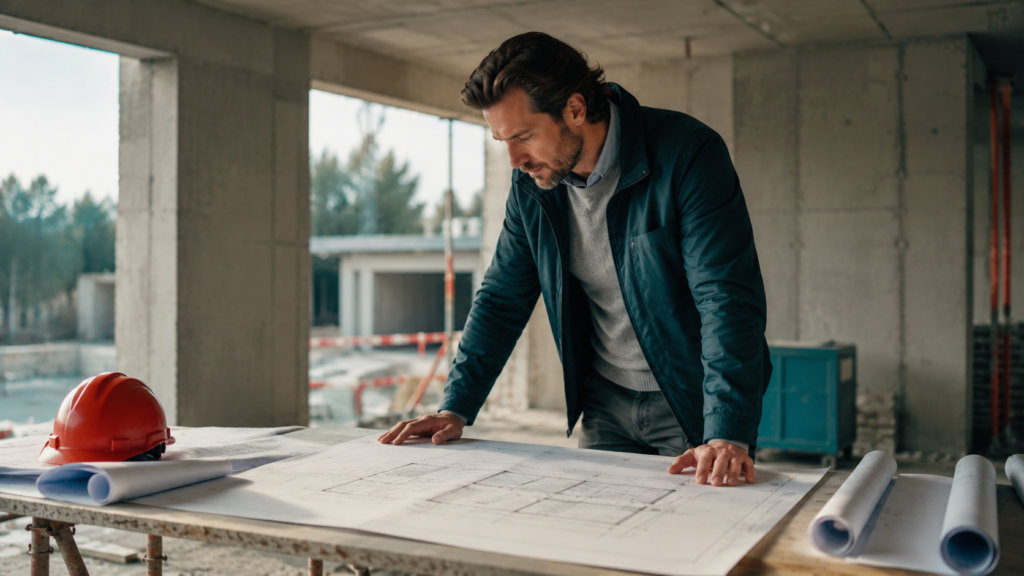 Architekt mit Bauplan im Rohbau – Symbolbild zur Reform der allgemein anerkannten Regeln der Technik in der Landesbauordnung NRW