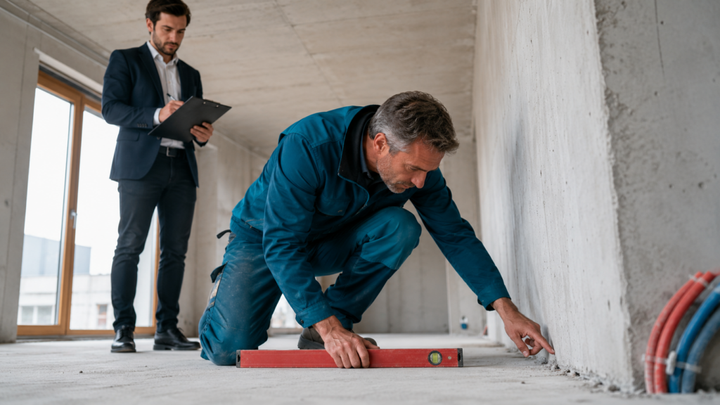Bausachverständiger prüft mit Wasserwaage einen Baumangel an einer Wand, eine zweite Person dokumentiert – Symbolbild zur Unverhältnismäßigkeit der Mängelbeseitigung.