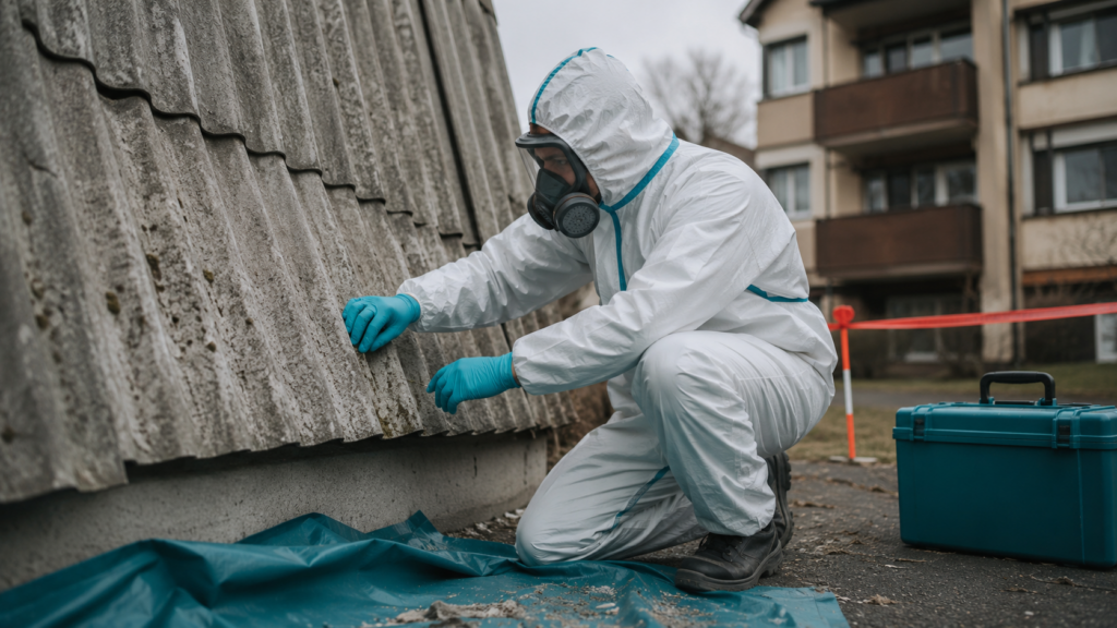 Fachkraft mit Schutzausrüstung untersucht asbesthaltige Dachplatte an einem Altbau