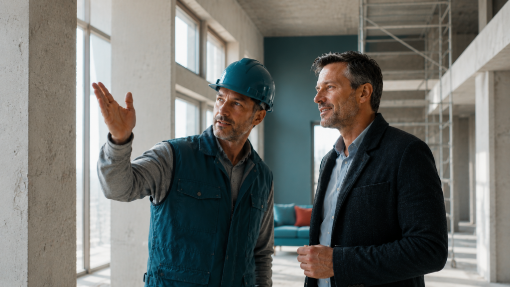 Bauherr und Handwerker besprechen den Baufortschritt in einem teilweise fertiggestellten Wohnhaus