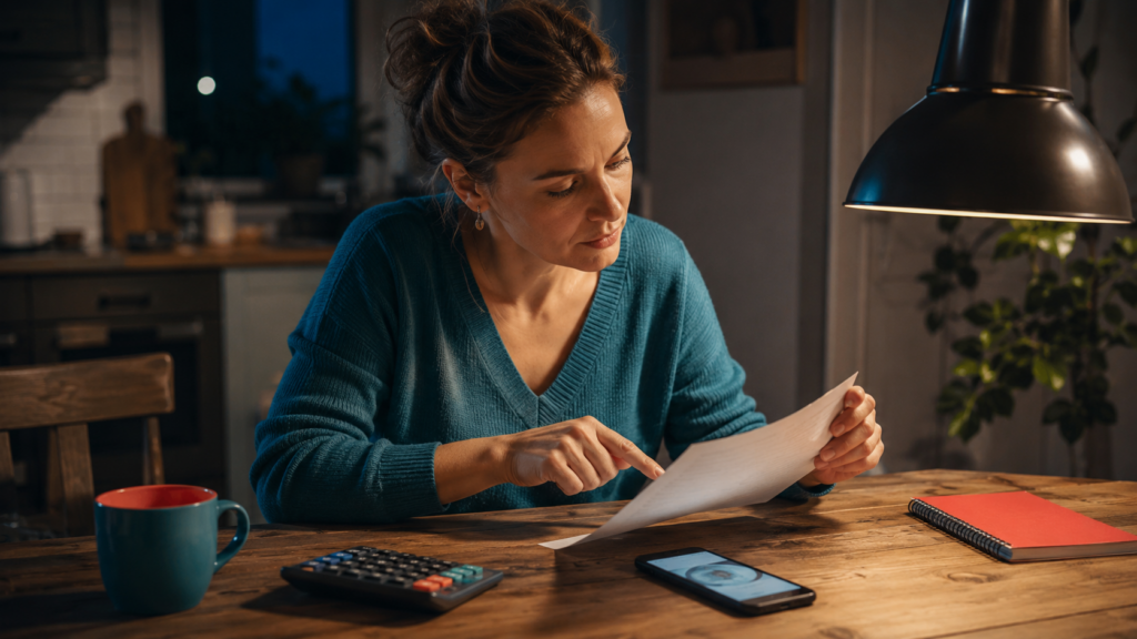 Alternativtext: Person prüft abends am Küchentisch eine Energierechnung mit Taschenrechner und Smartphone-Zählerfoto – Symbolbild zum Erkennen fehlerhafter Strom- und Gasabrechnungen.