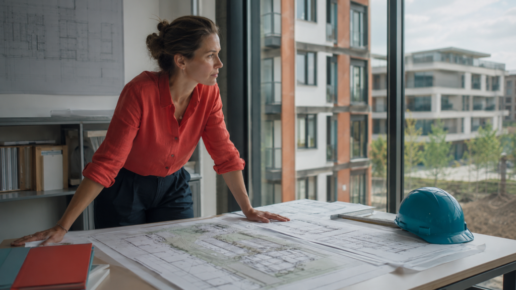 Architektin prüft am Bautisch Lageplan und Baupläne und gleicht sie mit der Umgebung ab – Symbolbild zur standortbezogenen Prüfung örtlicher Bauvorschriften und genehmigungsfähiger Planung