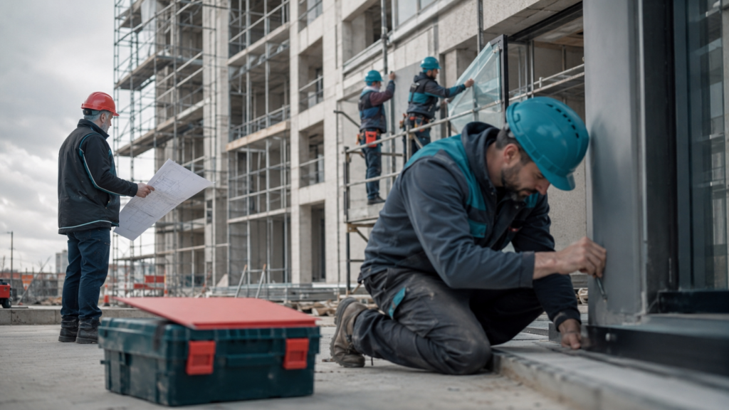 Handwerker im Vordergrund einer Baustelle mit Rechnungsordner, im Hintergrund weitere Gewerke in gestaffelter Tiefe – Symbolbild zur Durchgriffsfälligkeit in der Bauvertragskette