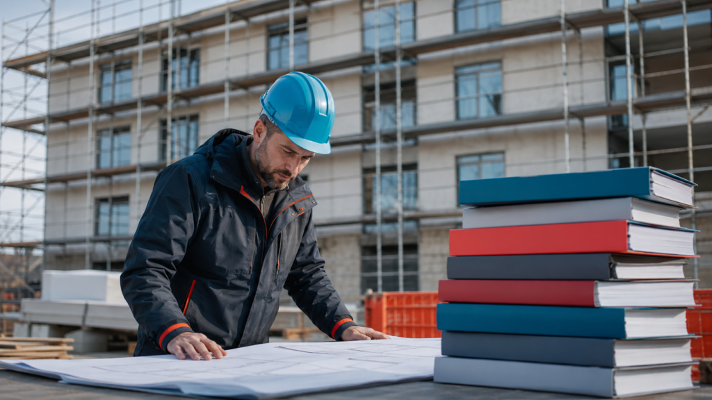 Ingenieur mit Bauhelm prüft auf der Baustelle Baupläne neben einem hohen Stapel dicker Normen-Ordner, im Hintergrund ein schlichter Wohnungsneubau – Symbolbild zum Normen-Notruf und Gebäudetyp E