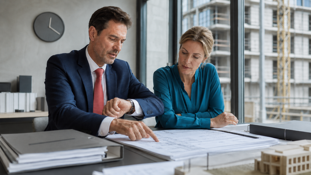 Rechtsanwalt und Architektin prüfen Baupläne und Fristen für ein Bauvorhaben.