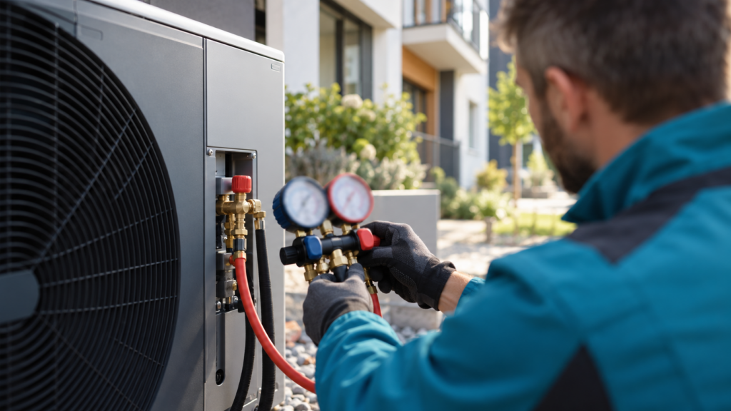 Techniker prüft mit einem Manometer den Kältekreislauf einer Wärmepumpe am Mehrfamilienhaus