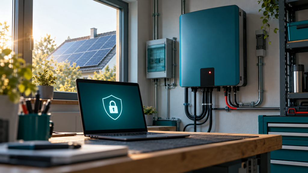 Sicherheitslücke Wechselrichter: Solar-Wechselrichter mit Warnanzeige, davor ein Laptop zur Sicherheitsprüfung