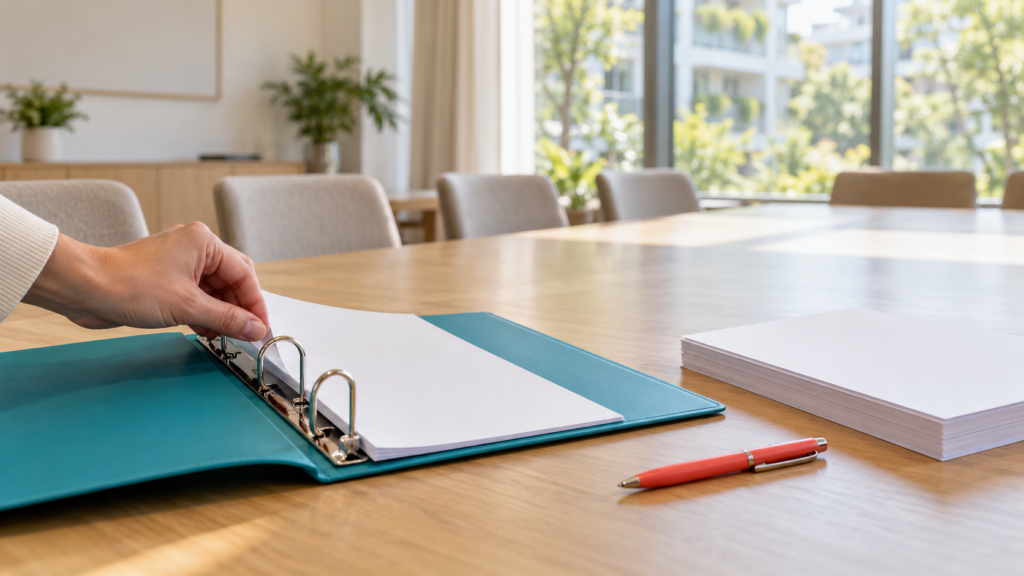 Hand legt einen Antrag auf den Tisch einer Eigentümerversammlung, im Hintergrund sitzen Eigentümer mit Unterlagen
