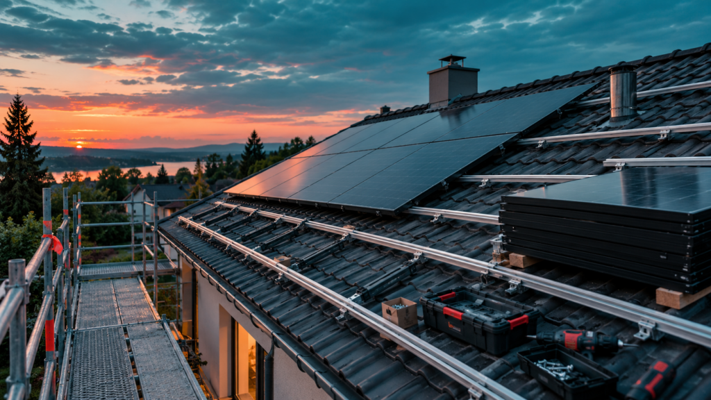 EKD Insolvenz: Solarmontage auf einem Hausdach bei Sonnenuntergang mit unfertiger Photovoltaikanlage